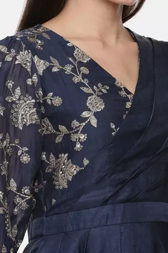 Blue Embroidred Chanderi Pleated Dress