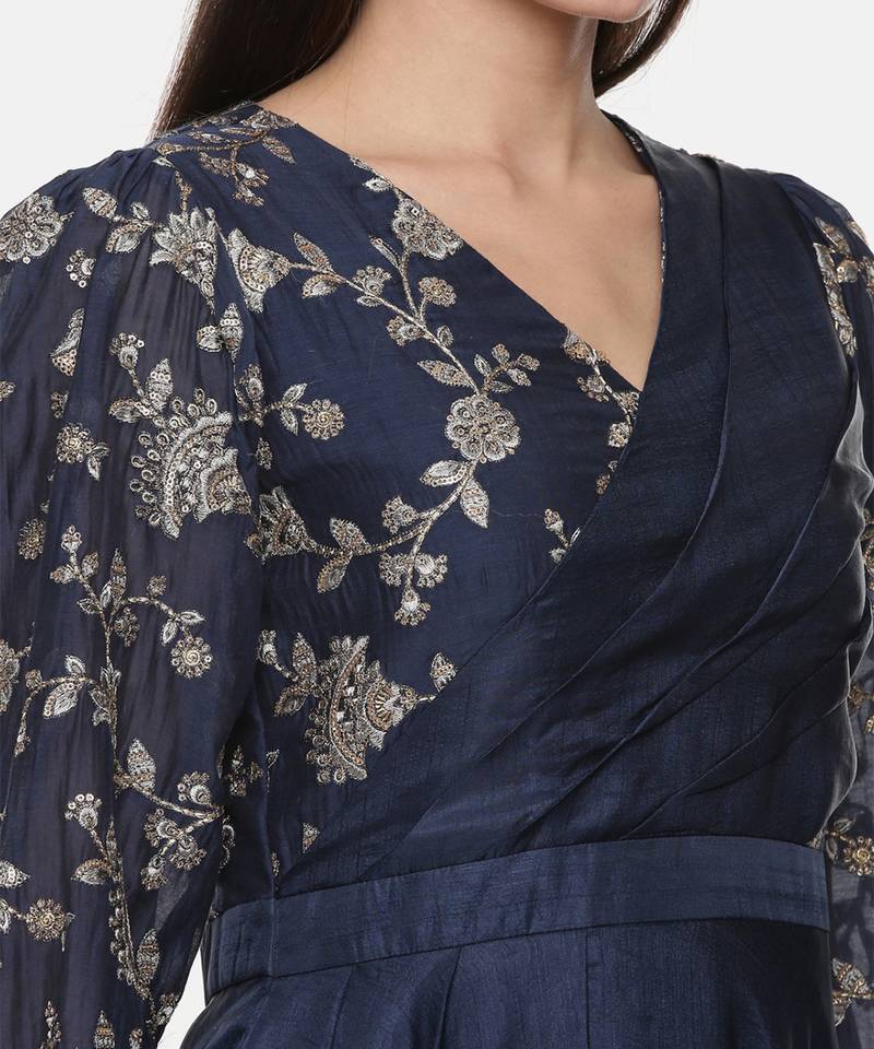 Blue Embroidred Chanderi Pleated Dress