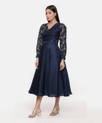 Blue Embroidred Chanderi Pleated Dress 4