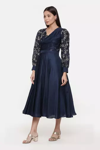Blue Embroidred Chanderi Pleated Dress