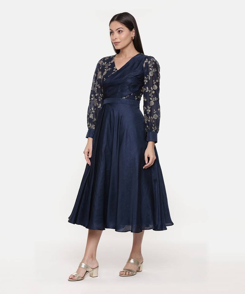 Blue Embroidred Chanderi Pleated Dress