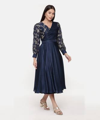 Blue Embroidred Chanderi Pleated Dress 5