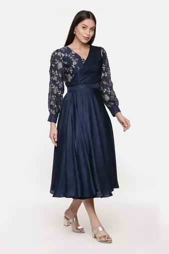 Blue Embroidred Chanderi Pleated Dress