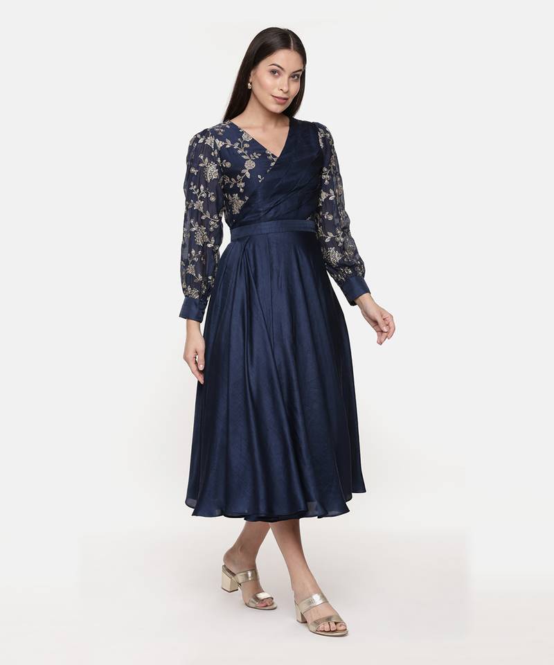 Blue Embroidred Chanderi Pleated Dress