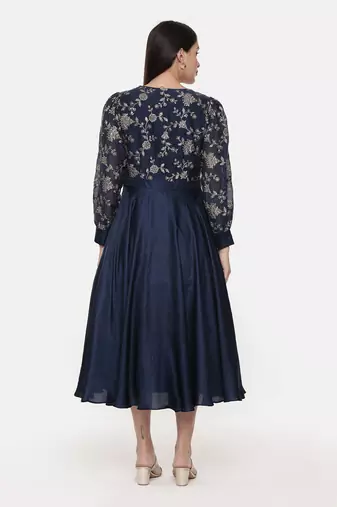 Blue Embroidred Chanderi Pleated Dress