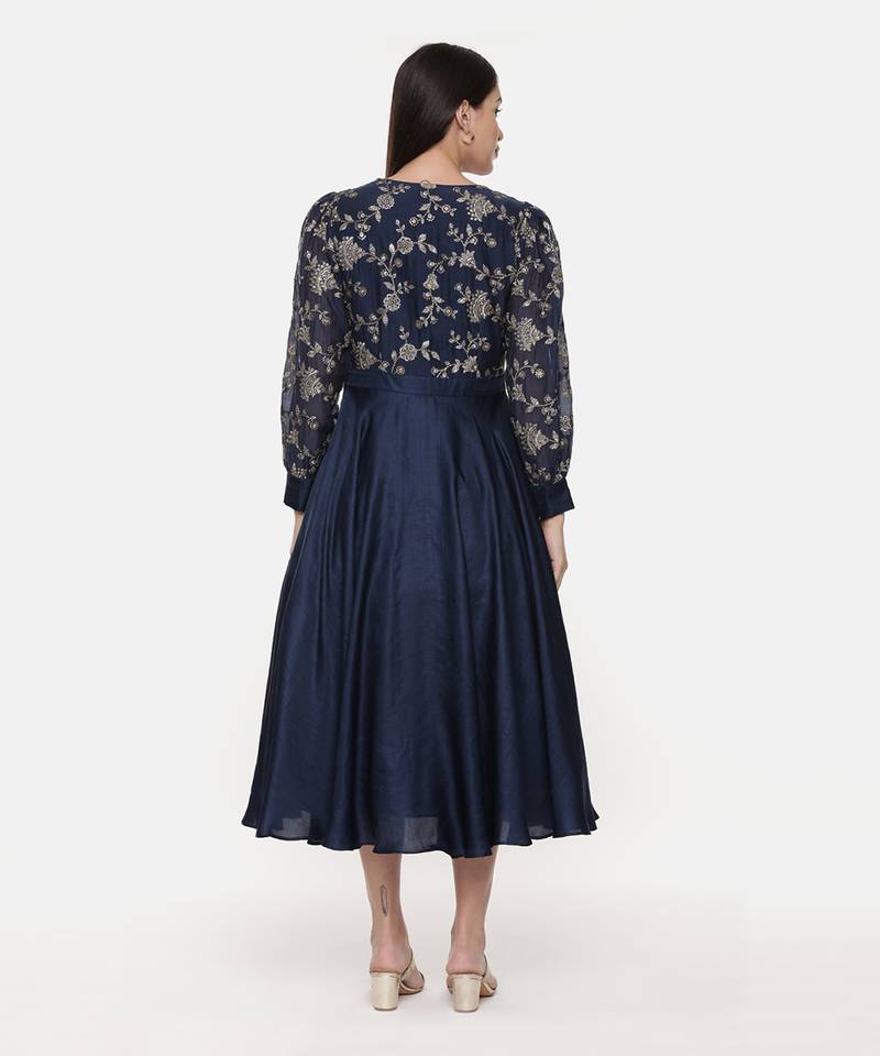 Blue Embroidred Chanderi Pleated Dress