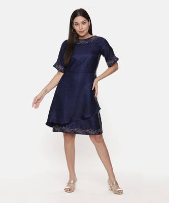 Silk Slub Blue Short Dress 1