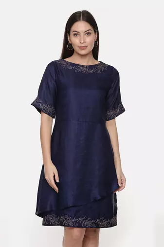 Silk Slub Blue Short Dress