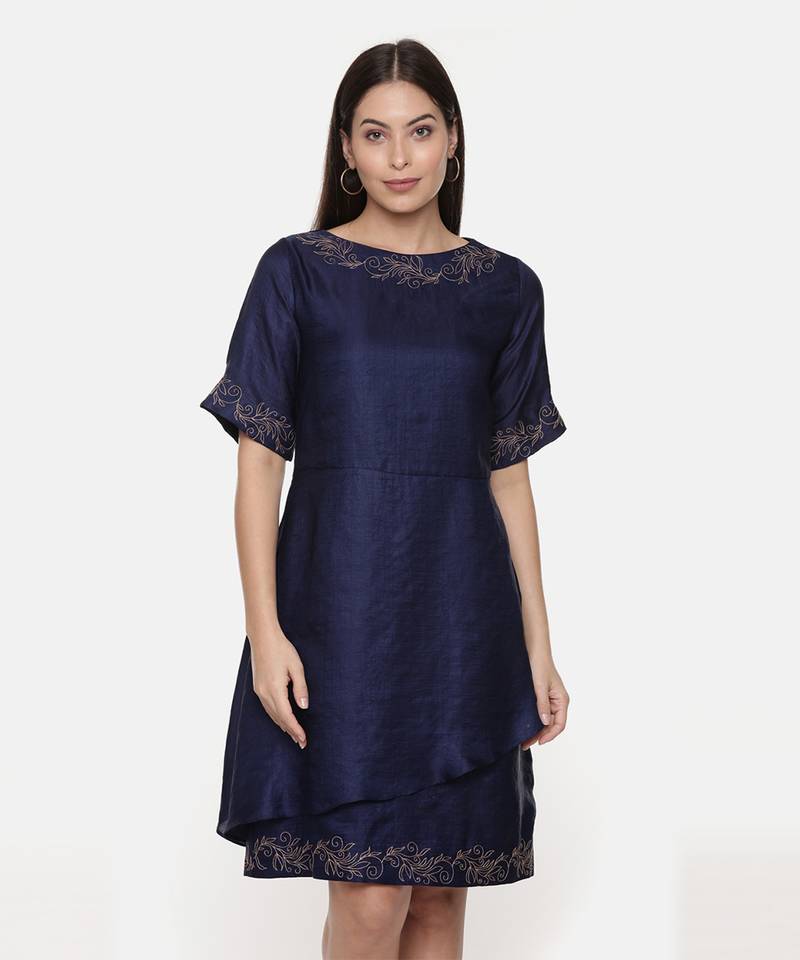 Silk Slub Blue Short Dress