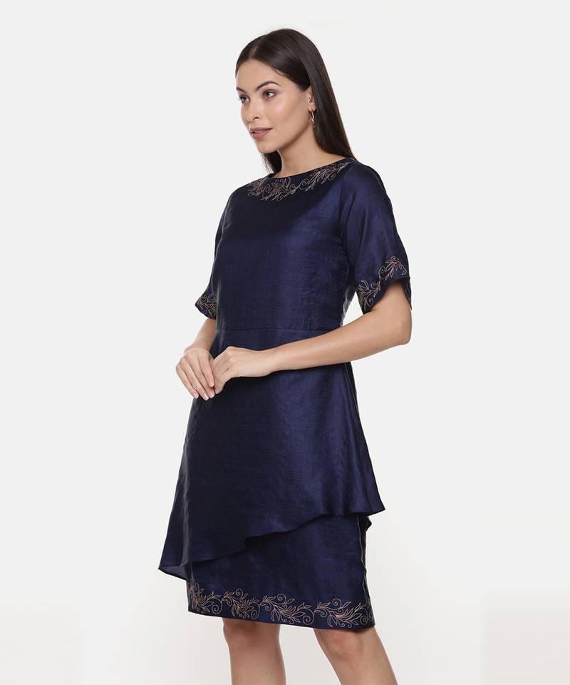 Silk Slub Blue Short Dress