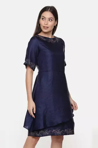 Silk Slub Blue Short Dress