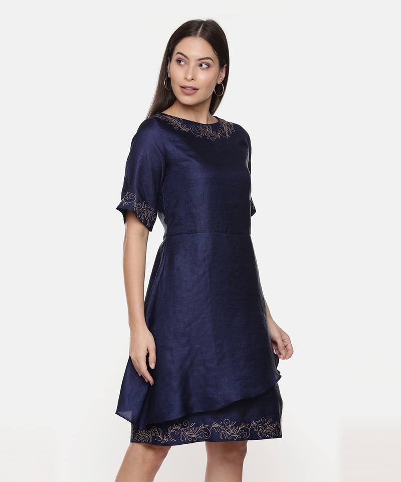 Silk Slub Blue Short Dress