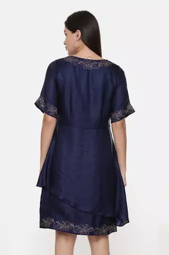 Silk Slub Blue Short Dress