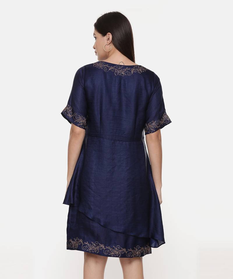 Silk Slub Blue Short Dress