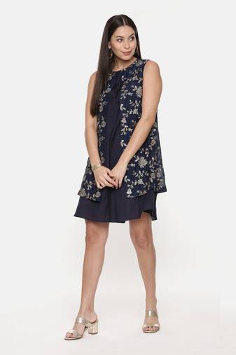 Blue Embroidred Chanderi Dress