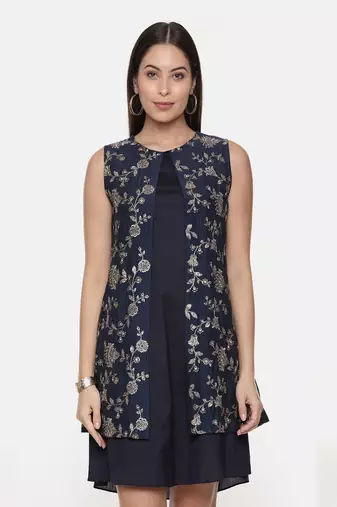 Blue Embroidred Chanderi Dress
