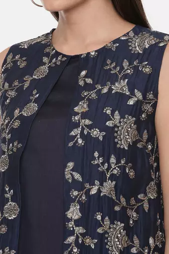 Blue Embroidred Chanderi Dress