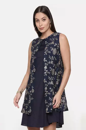 Blue Embroidred Chanderi Dress
