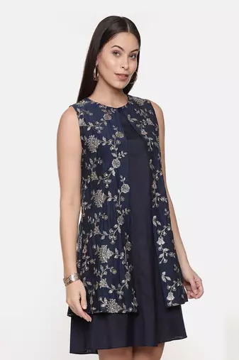 Blue Embroidred Chanderi Dress