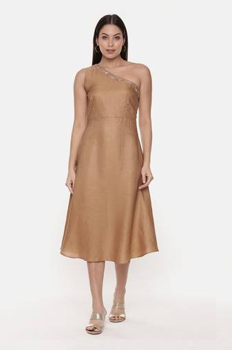 Off Shoulder Classic Beige Silk Dress