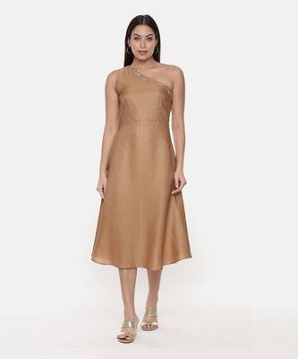 Off Shoulder Classic Beige Silk Dress 1