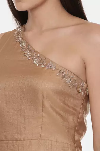 Off Shoulder Classic Beige Silk Dress