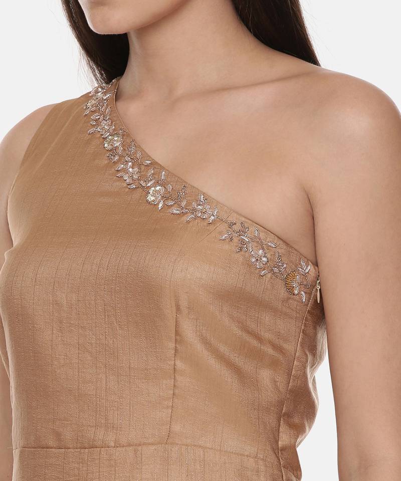 Off Shoulder Classic Beige Silk Dress