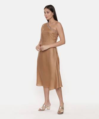 Off Shoulder Classic Beige Silk Dress 3