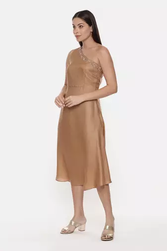 Off Shoulder Classic Beige Silk Dress