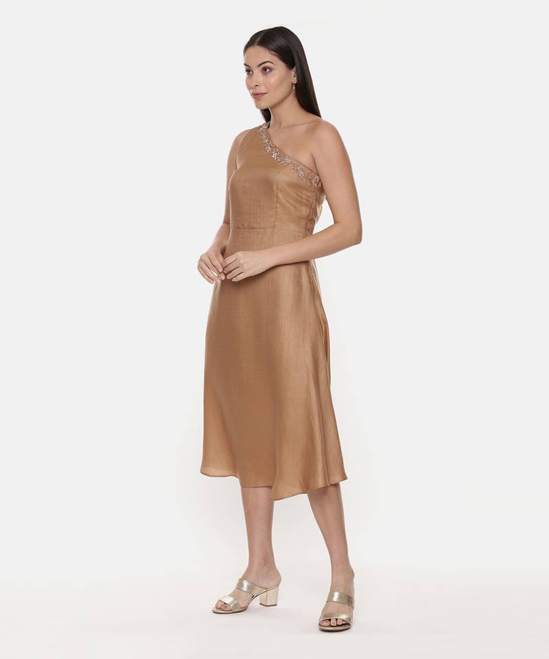 Off Shoulder Classic Beige Silk Dress