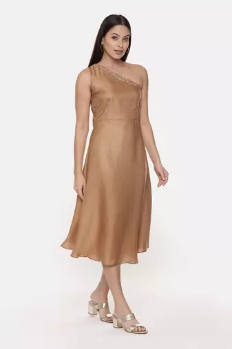 Off Shoulder Classic Beige Silk Dress