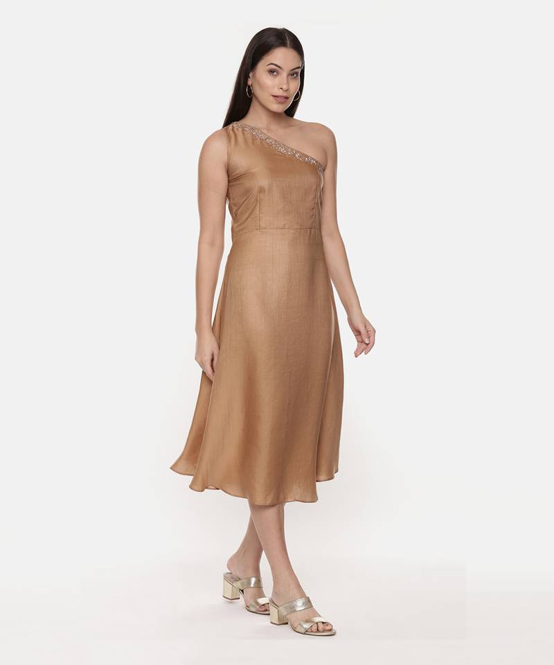 Off Shoulder Classic Beige Silk Dress
