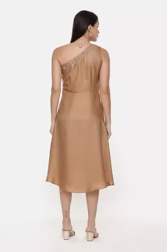 Off Shoulder Classic Beige Silk Dress