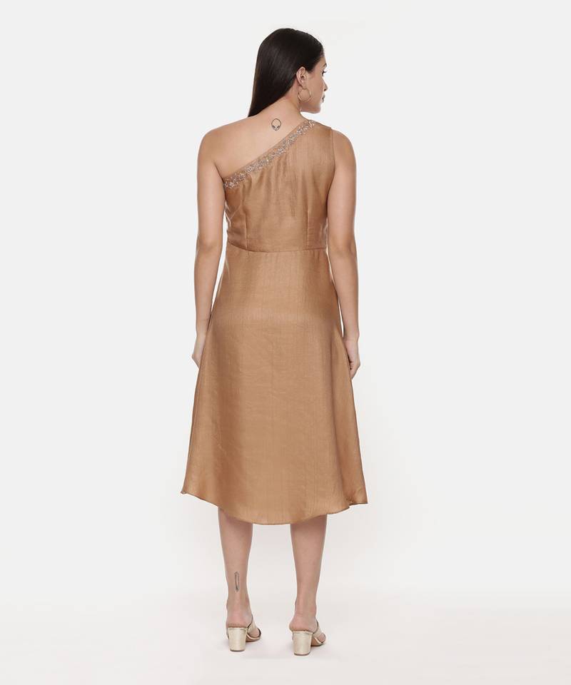 Off Shoulder Classic Beige Silk Dress