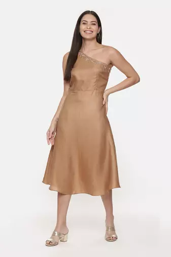 Off Shoulder Classic Beige Silk Dress