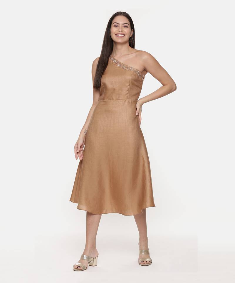 Off Shoulder Classic Beige Silk Dress
