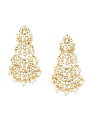 Designer Kundan Stone Bridal Dangler Pearl Stone Earrings Studs With Matching Maang Tikka 3