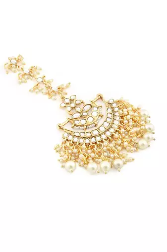 Designer Kundan Stone Bridal Dangler Pearl Stone Earrings Studs With Matching Maang Tikka