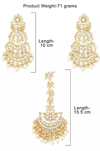 Designer Kundan Stone Bridal Dangler Pearl Stone Earrings Studs With Matching Maang Tikka