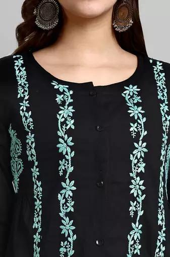 Hand Crafted Black And Green Cotton Lucknowi Chikankari Short Kurti For Women