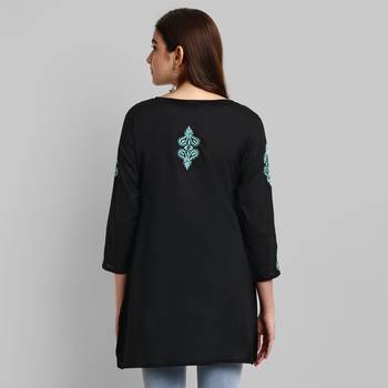 Hand Crafted Black And Green Cotton Lucknowi Chikankari Short Kurti For Women 3
