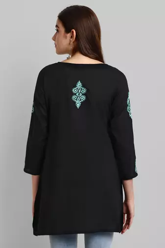Hand Crafted Black And Green Cotton Lucknowi Chikankari Short Kurti For Women