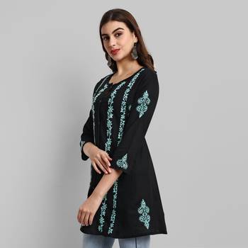 Hand Crafted Black And Green Cotton Lucknowi Chikankari Short Kurti For Women 4