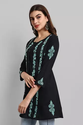 Hand Crafted Black And Green Cotton Lucknowi Chikankari Short Kurti For Women