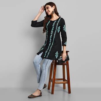 Hand Crafted Black And Green Cotton Lucknowi Chikankari Short Kurti For Women 5