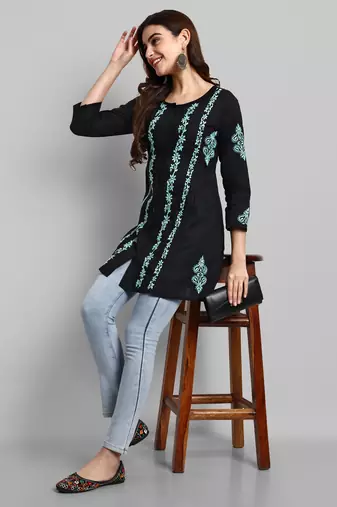 Hand Crafted Black And Green Cotton Lucknowi Chikankari Short Kurti For Women