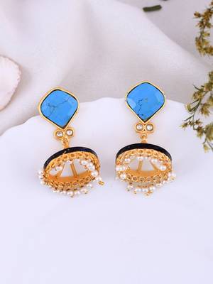 Gold plated blue stone jhumkas earring 1