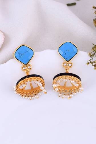 Gold plated blue stone jhumkas earring