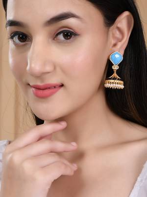 Gold plated blue stone jhumkas earring 2