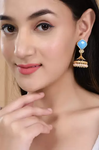 Gold plated blue stone jhumkas earring